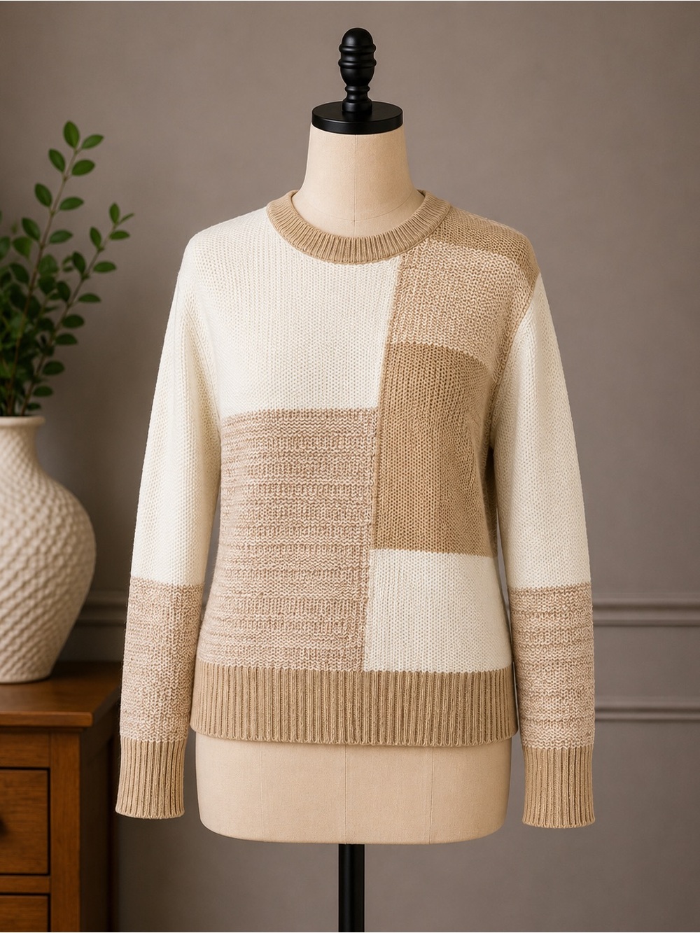 THML Lightweight Colorblock Crewneck Sweater - Cream & Tan